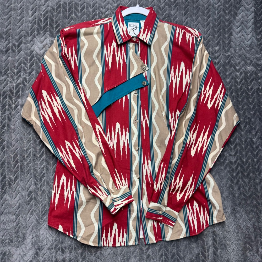 Vintage Roper Western Shirt 11/12 Red Ikat‎ Southwestern Long Sleeve (2052)